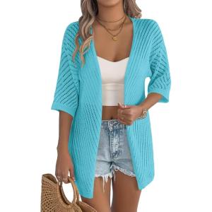 Zeagoo Lightweight Summer Cardigan for Women Short Sleeve V Neck Crochet Kimonos Loose Open Front Hollow Out Cover Ups(Teal)