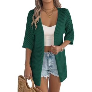 Zeagoo Lightweight Summer Cardigan for Women Short Sleeve V Neck Crochet Kimonos Loose Open Front Hollow Out Cover Ups(Wine Red)