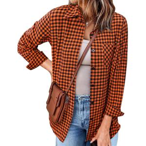 Zeagoo Long Sleeve Plaid Shirt for Women Button Down Shirts Buffalo Shackets Business Casual Blouses(Orange 490)
