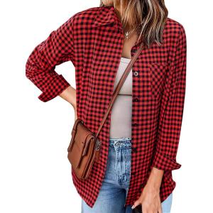 Zeagoo Long Sleeve Plaid Shirt for Women Button Down Shirts Buffalo Shackets Business Casual Blouses(Red 490)