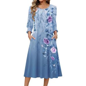 Zeagoo Summer Dresses for Women 2026 3/4 Sleeve Dress for Women Floral Midi Dresses for Casual Womens Dresses with Pockets(Floral-bf171)