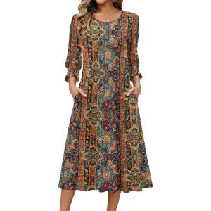 Zeagoo Summer Dresses for Women 2026 3/4 Sleeve Dress for Women Floral Midi Dresses for Casual Womens Dresses with Pockets(Floral-mz721)