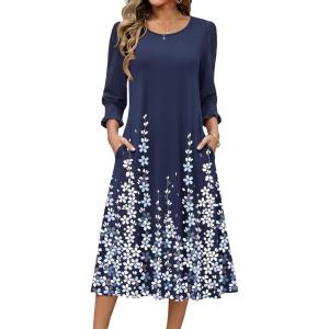 Zeagoo Summer Dresses for Women 2026 3/4 Sleeve Dress for Women Floral Midi Dresses for Casual Womens Dresses with Pockets(Floral-sf119)