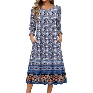 Zeagoo Summer Dresses for Women 2026 3/4 Sleeve Dress for Women Floral Midi Dresses for Casual Womens Dresses with Pockets(Floral-xh547)