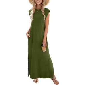 Zeagoo Summer Dresses for Women 2026 Black Long Maxi Sundresses Loose Split Wrinkle-Free Beach Travel Vacation Clothes(A03-green)