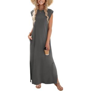 Zeagoo Summer Dresses for Women 2026 Black Long Maxi Sundresses Loose Split Wrinkle-Free Beach Travel Vacation Clothes(Dark Gray)
