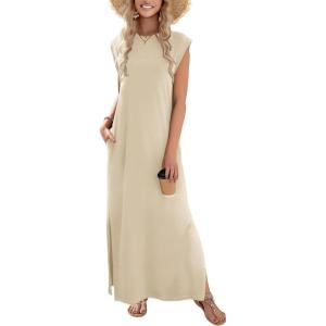 Zeagoo Summer Dresses for Women 2026 Black Long Maxi Sundresses Loose Split Wrinkle-Free Beach Travel Vacation Clothes(Light Brown)