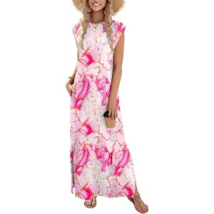 Zeagoo Summer Dresses for Women 2026 Black Long Maxi Sundresses Loose Split Wrinkle-Free Beach Travel Vacation Clothes(Pink Marble Pattern)