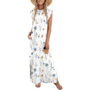 Zeagoo Summer Dresses for Women 2026 Black Long Maxi Sundresses Loose Split Wrinkle-Free Beach Travel Vacation Clothes(White Flowers)