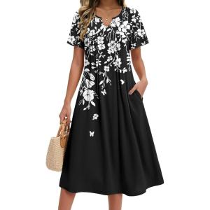 Zeagoo Summer Dresses for Women 2026 Casual Short Sleeve Aline Midi Dress with Pocket Flowy Pleated Tshirt Beach Sundress(Black Floral Print)