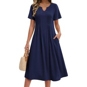 Zeagoo Summer Dresses for Women 2026 Casual Short Sleeve Aline Midi Dress with Pocket Flowy Pleated Tshirt Beach Sundress(Blue)
