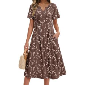 Zeagoo Summer Dresses for Women 2026 Casual Short Sleeve Aline Midi Dress with Pocket Flowy Pleated Tshirt Beach Sundress(Coffee)