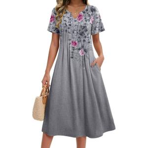 Zeagoo Summer Dresses for Women 2026 Casual Short Sleeve Aline Midi Dress with Pocket Flowy Pleated Tshirt Beach Sundress(Grey Floral)