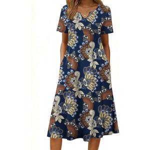 Zeagoo Summer Dresses for Women 2026 Casual Short Sleeve Aline Midi Dress with Pocket Flowy Pleated Tshirt Beach Sundress(Mz931)