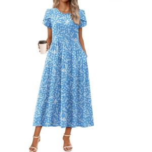 Zeagoo Summer Dresses for Women 2026 Maxi Bohemian Floral Short Sleeve Long Dress Casual Flowy Tired Beach Sundress(Blue Floral)