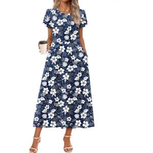 Zeagoo Summer Dresses for Women 2026 Maxi Bohemian Floral Short Sleeve Long Dress Casual Flowy Tired Beach Sundress(Sf157)
