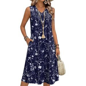 Zeagoo Summer Dresses for Women 2026 Sleeveless V Neck Casual Midi Tank Dress Beach Vacation Sundresses with Pockets(Sf180)
