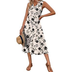 Zeagoo Summer Dresses for Women 2026 Sleeveless V Neck Casual Midi Tank Dress Beach Vacation Sundresses with Pockets(Sf239)