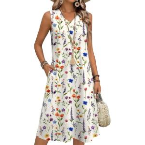 Zeagoo Summer Dresses for Women 2026 Sleeveless V Neck Casual Midi Tank Dress Beach Vacation Sundresses with Pockets(Wf109)