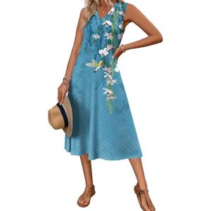 Zeagoo Summer Dresses for Women 2026 Sleeveless V Neck Casual Midi Tank Dress Beach Vacation Sundresses with Pockets(Zw89)