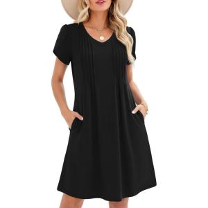 Zeagoo Summer Dresses for Women Casual A Line Dress 2026 V Neck Short Dresses Floral Sundress Pleated Boho Dress(A-black)