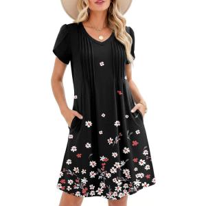 Zeagoo Summer Dresses for Women Casual A Line Dress 2026 V Neck Short Dresses Floral Sundress Pleated Boho Dress(Black Floral 02)