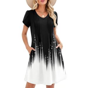 Zeagoo Summer Dresses for Women Casual A Line Dress 2026 V Neck Short Dresses Floral Sundress Pleated Boho Dress(Black+white)