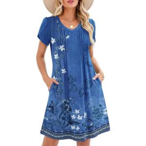 Zeagoo Summer Dresses for Women Casual A Line Dress 2026 V Neck Short Dresses Floral Sundress Pleated Boho Dress(Blue Floral B)