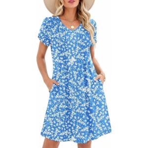 Zeagoo Summer Dresses for Women Casual A Line Dress 2026 V Neck Short Dresses Floral Sundress Pleated Boho Dress(Blue Floral a)