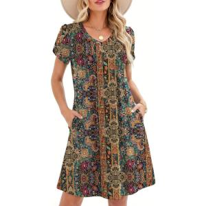 Zeagoo Summer Dresses for Women Casual A Line Dress 2026 V Neck Short Dresses Floral Sundress Pleated Boho Dress(Boho Brown Print)