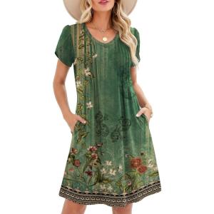 Zeagoo Summer Dresses for Women Casual A Line Dress 2026 V Neck Short Dresses Floral Sundress Pleated Boho Dress(Green Floral 01)