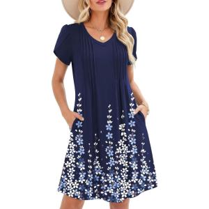 Zeagoo Summer Dresses for Women Casual A Line Dress 2026 V Neck Short Dresses Floral Sundress Pleated Boho Dress(Navy Floral 01)