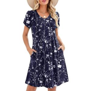 Zeagoo Summer Dresses for Women Casual A Line Dress 2026 V Neck Short Dresses Floral Sundress Pleated Boho Dress(Navy Floral 03)