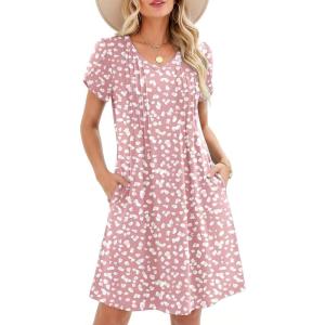 Zeagoo Summer Dresses for Women Casual A Line Dress 2026 V Neck Short Dresses Floral Sundress Pleated Boho Dress(Pink Dot)