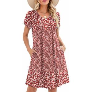 Zeagoo Summer Dresses for Women Casual A Line Dress 2026 V Neck Short Dresses Floral Sundress Pleated Boho Dress(Red Floral)