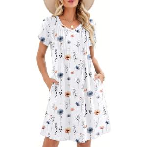 Zeagoo Summer Dresses for Women Casual A Line Dress 2026 V Neck Short Dresses Floral Sundress Pleated Boho Dress(White Floral)