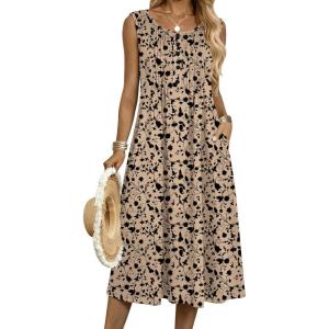 Zeagoo Summer Dresses for Women Flowy Aline Casual Midi Tank Dress Beach Boho Vacation Sundresses Shift Dress with Pockets(Beige)