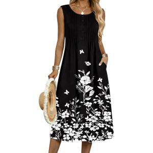 Zeagoo Summer Dresses for Women Flowy Aline Casual Midi Tank Dress Beach Boho Vacation Sundresses Shift Dress with Pockets(Black Floral)