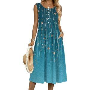 Zeagoo Summer Dresses for Women Flowy Aline Casual Midi Tank Dress Beach Boho Vacation Sundresses Shift Dress with Pockets(Blue Green)