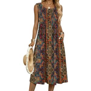 Zeagoo Summer Dresses for Women Flowy Aline Casual Midi Tank Dress Beach Boho Vacation Sundresses Shift Dress with Pockets(Brown)