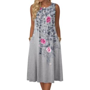 Zeagoo Summer Dresses for Women Flowy Aline Casual Midi Tank Dress Beach Boho Vacation Sundresses Shift Dress with Pockets(Grey Floral)