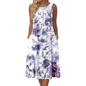 Zeagoo Summer Dresses for Women Flowy Aline Casual Midi Tank Dress Beach Boho Vacation Sundresses Shift Dress with Pockets(White Purple)
