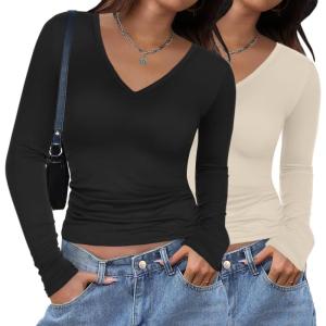 Zeagoo Women 2 Pack Long Sleeve Shirts V Neck T Shirts Casual Thermal Tops Slim Fit Basic Tight Tees Going Out Top(Black+beige)