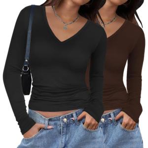 Zeagoo Women 2 Pack Long Sleeve Shirts V Neck T Shirts Casual Thermal Tops Slim Fit Basic Tight Tees Going Out Top(Black+coffee)