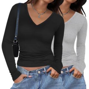 Zeagoo Women 2 Pack Long Sleeve Shirts V Neck T Shirts Casual Thermal Tops Slim Fit Basic Tight Tees Going Out Top(Black+grey)