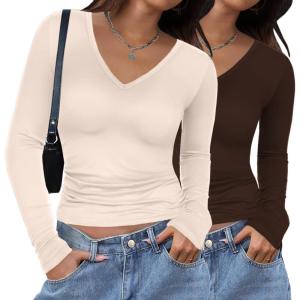 Zeagoo Women 2 Pack Long Sleeve Shirts V Neck T Shirts Casual Thermal Tops Slim Fit Basic Tight Tees Going Out Top(Coffee+apricot)