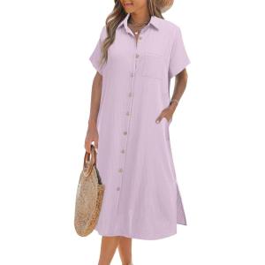Zeagoo Women Dresses Summer Casual Short Sleeve Button Down Shirt Dresses 2026 Beach Cover Up with Pockets(Light Purple)