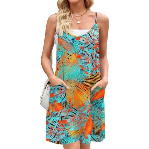 Zeagoo Women Summer Dresses Casual Beach Vacation Dress Spaghetti Strap Sundress Sleeveless Mini Short Dress with Pockets(Blue Orange Printed)