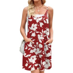 Zeagoo Women Summer Dresses Casual Beach Vacation Dress Spaghetti Strap Sundress Sleeveless Mini Short Dress with Pockets(Burgundy Floral)