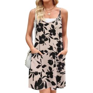 Zeagoo Women Summer Dresses Casual Beach Vacation Dress Spaghetti Strap Sundress Sleeveless Mini Short Dress with Pockets(Dusty Pink Printed)